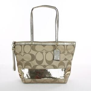 Coach Sequin Signature Tote Bag Gold Canvas Y2K Shoulder Bag Vintage